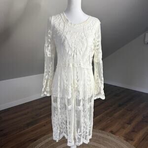 REVERSE Ivory Lace Dress 🌿 Boho Sheer Embroidered Midi XS/S
